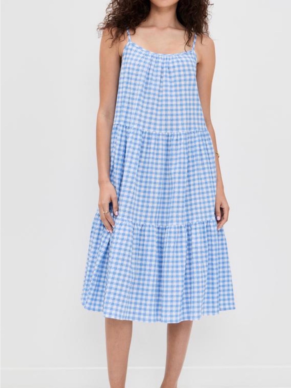 Light Blue Gingham Tiered Midi Dress